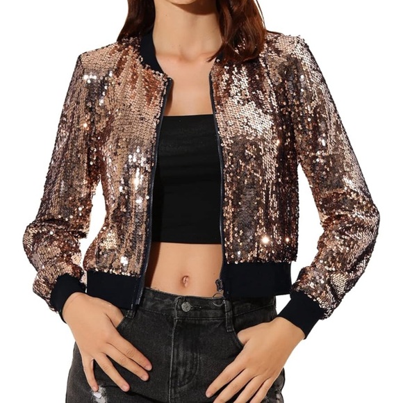 ⭐️HP! Women's Sequin Jacket Long Sleeve Cropped Zipper Up Party Glitter Bomber - Picture 1 of 10
